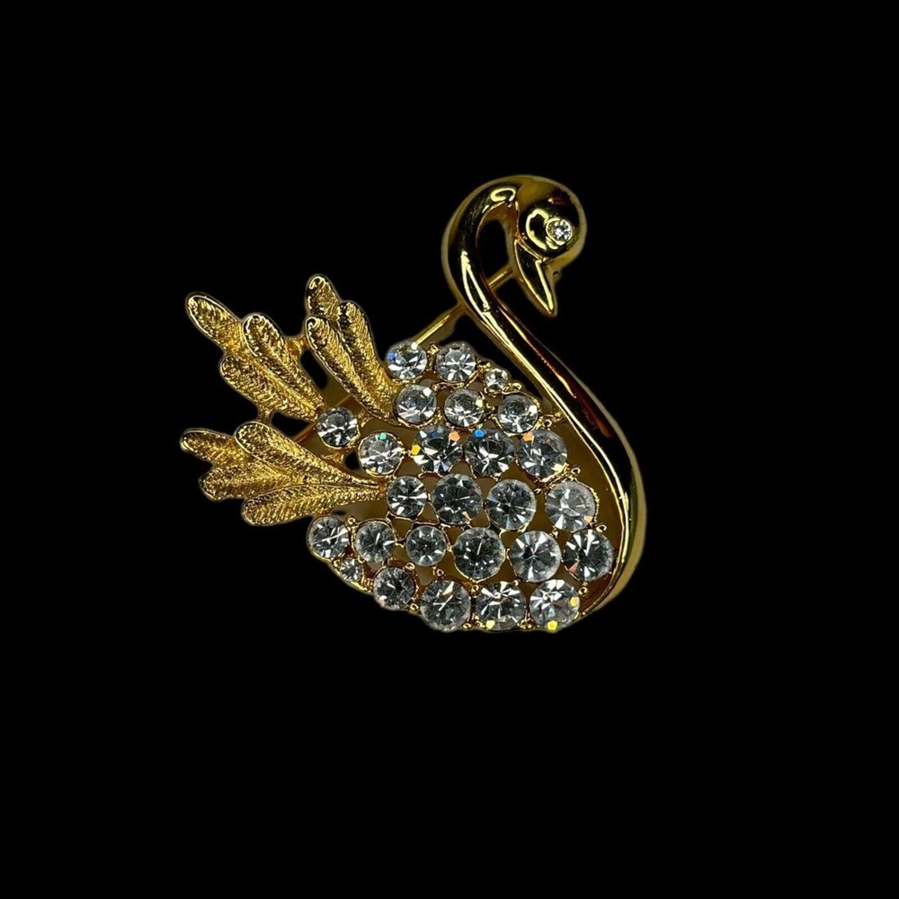Vintage Swan Gold Tone Brooch Pin Clear Rhinestones Sparkly Feather 1.75"